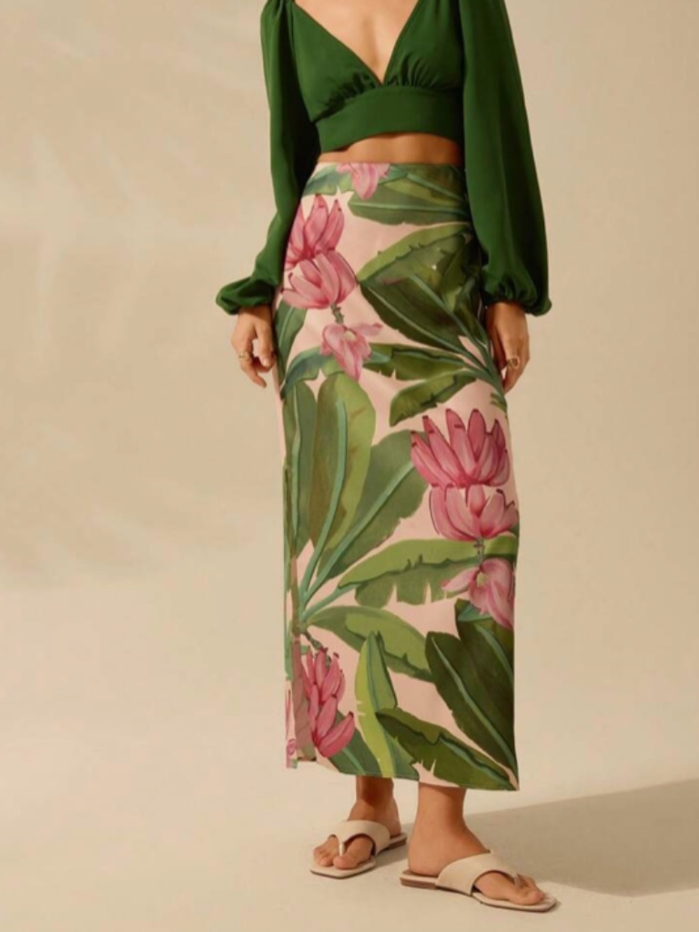 Tropical Floral Palm Print Maxi Skirt Pink Green Resort Vacation